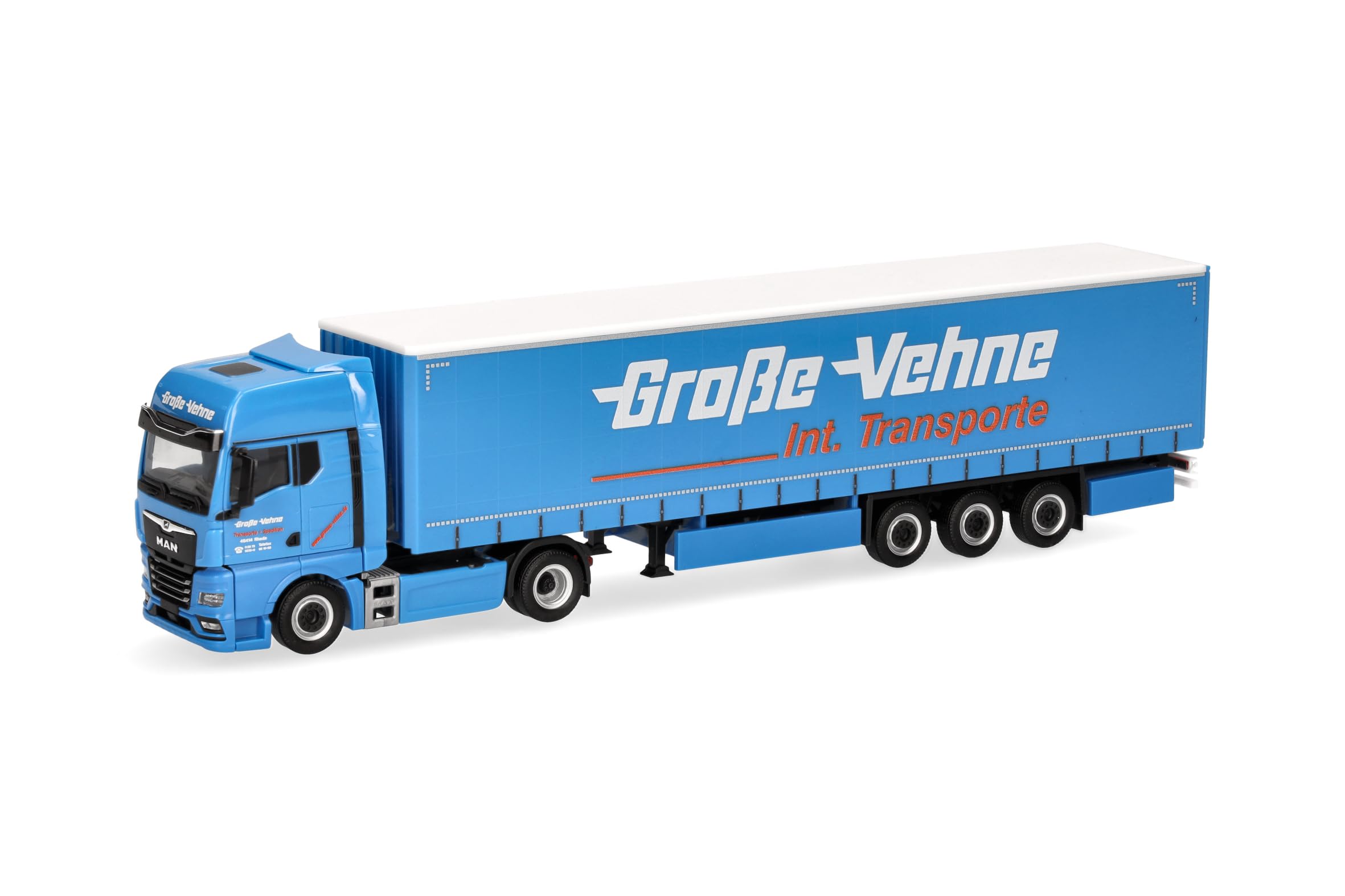 Herpa Model ciężarówki MAN TGX GX naczepa plandeka "Große-Vehne", miniatura w skali 1:87, kolekcjonerski, Made in Germany, plastik