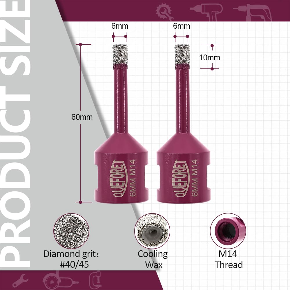 Punte Diamantate Per Gres Porcellanato E Marmo - 2 Pezzi Da 6mm Con Filettatura M14 Per Smerigliatrice - Foto 2