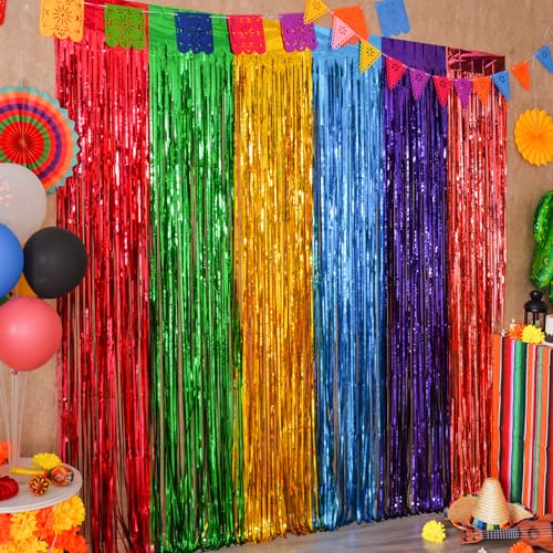 Mega-L Fiesta Party Decorations Foil Curtain Backdrop 4 Pack Mexican Party 3.3x6.6ft Tinsel Streamers Photo Booth Props for Cinco de Mayo Dia De Los Muertos Decor Day of The Dead Decorations Supplies