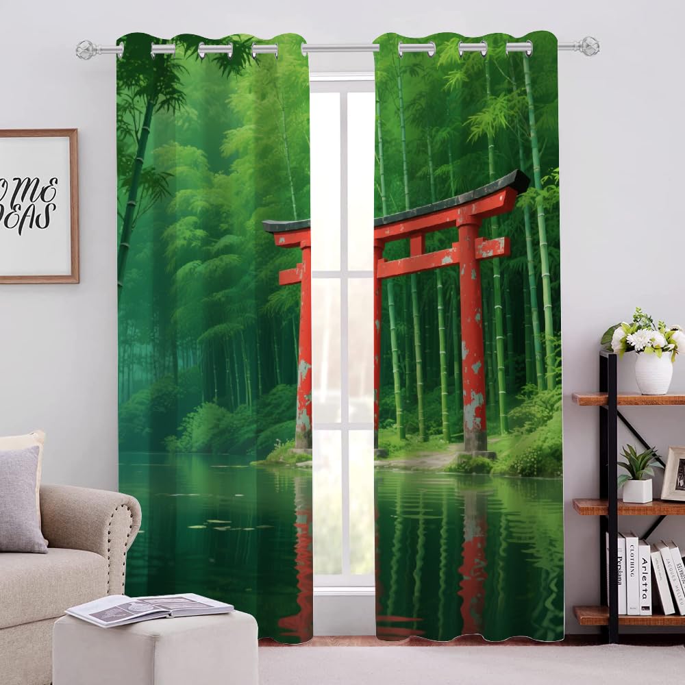 Forêt De Bambous Draperies Occultant, Culture Japonaise Rideaux Salon, Plantes Vertes Panneaux De Rideaux Intérieurs, Forêt De Bambous Chambre Décoration Fenêtre L 140 X H 220Cm 2 Panneaux