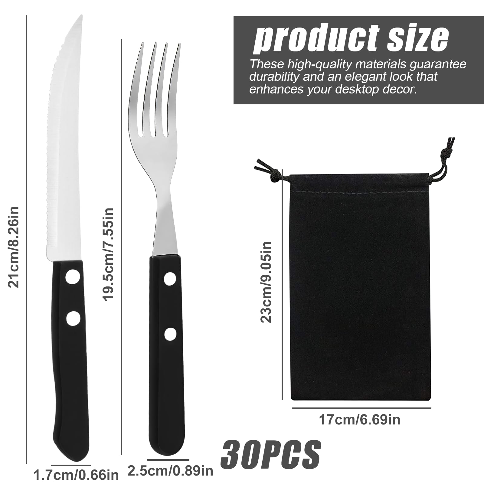 Cubertería de carne de 30 piezas, cuchillería para 15 personas, cuchillos de carne, tenedor y bistec, cubiertos de acero para bistec (negro)