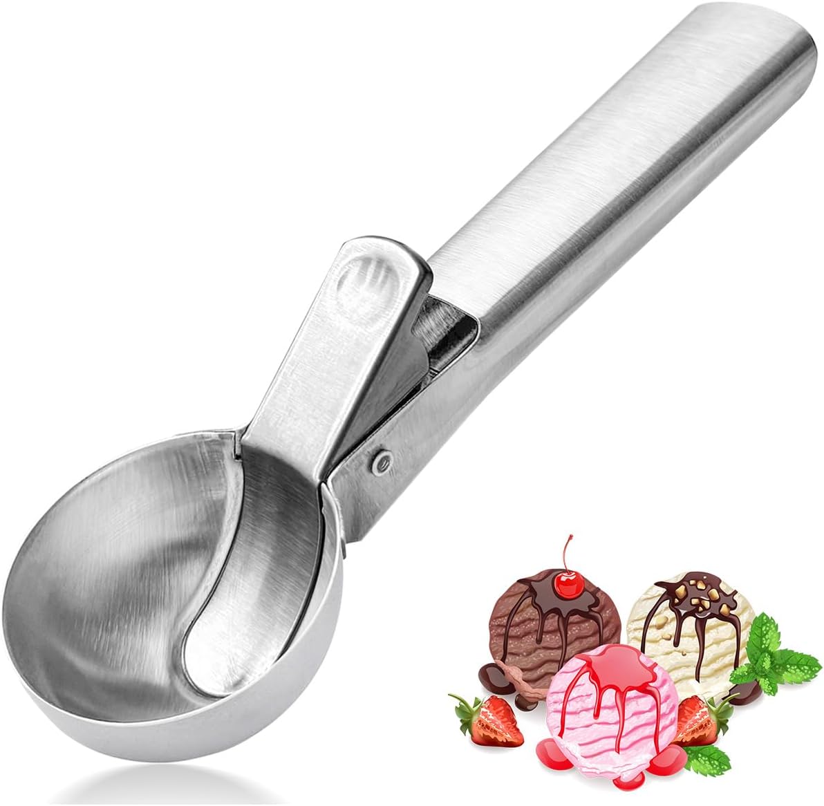 Premium Ice Cream Scoop, Stainless Steel Ice Scoop with Trigger & Ergonomic Handle - One-Push Release for Perfect Scooping, Dishwasher Safe for Ice Cream, Gelato, Sorbet, Cake Batter (1p-silver)