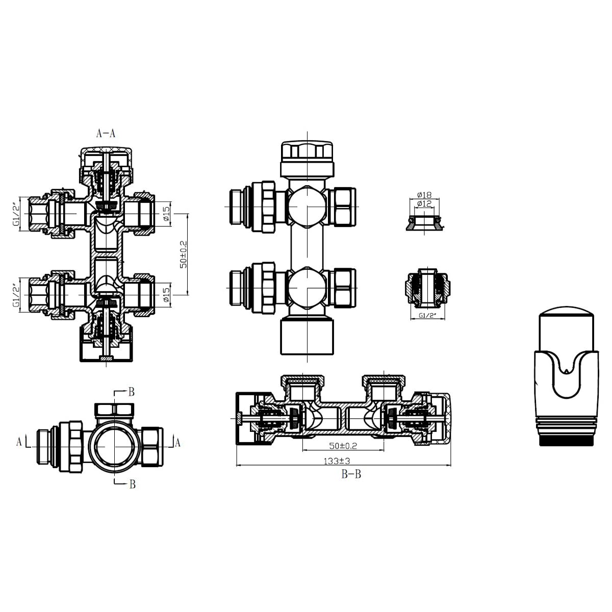Belvit Válvula de radiador con termostato, conector de 1/2", PEX 16 x 2 mm, cono M30, para conexión a pared y conexión al suelo, válvula de calefacción para radiador, color negro mate