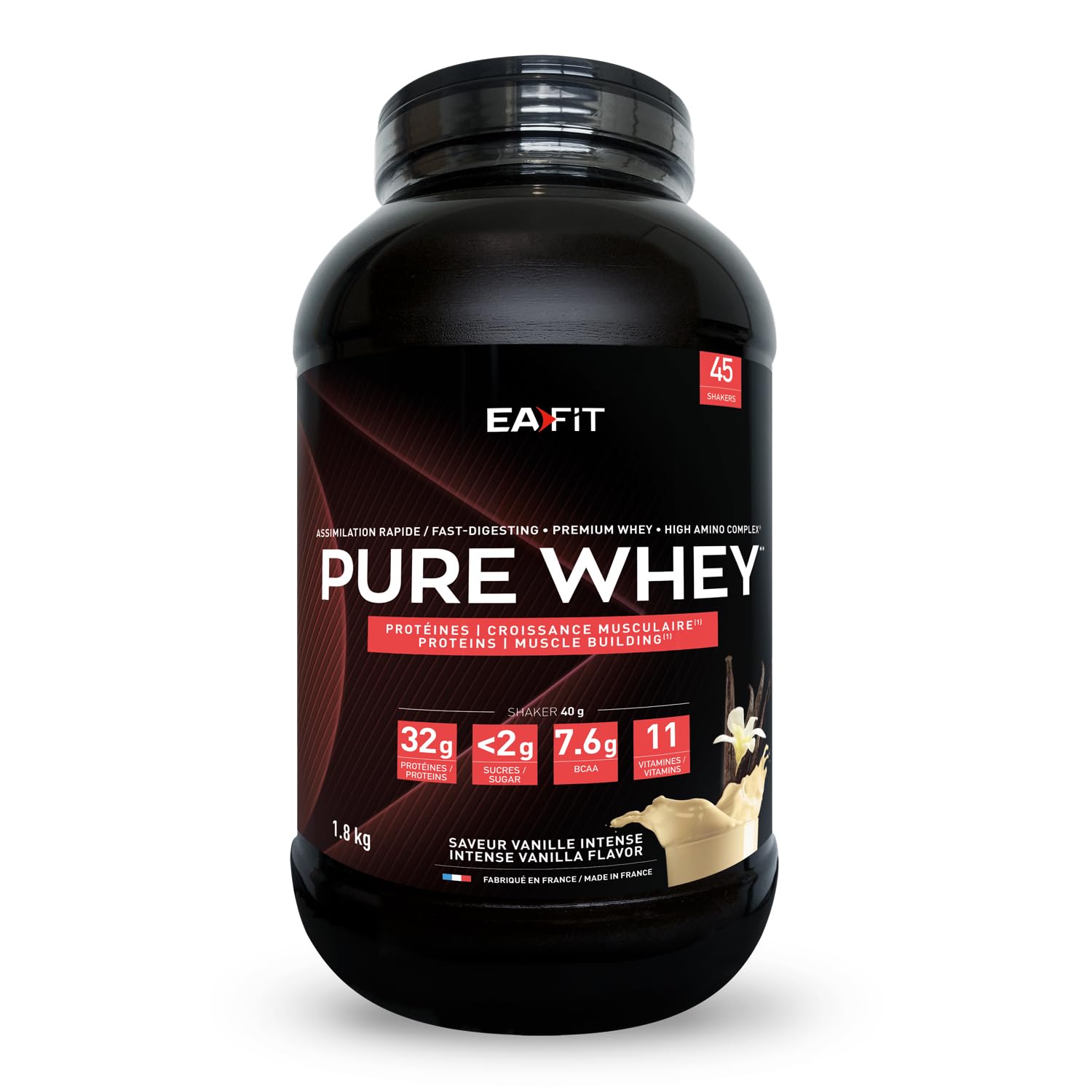 WHEY PROTEIN - Vanille - 1,8 kg - EAFIT - Marque Française N°1 en Nutrition Sportive - 32g de Proteine Whey - BCAA - Shaker Proteine - Pre Workout, Musculation - Protéines Whey