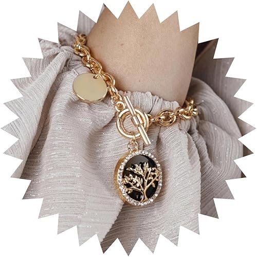 Pulsera de cadena gruesa, cadena de eslabones dorados, pulsera de palanca con dije de disco de diamantes de imitación, pulsera con cierre de OT,