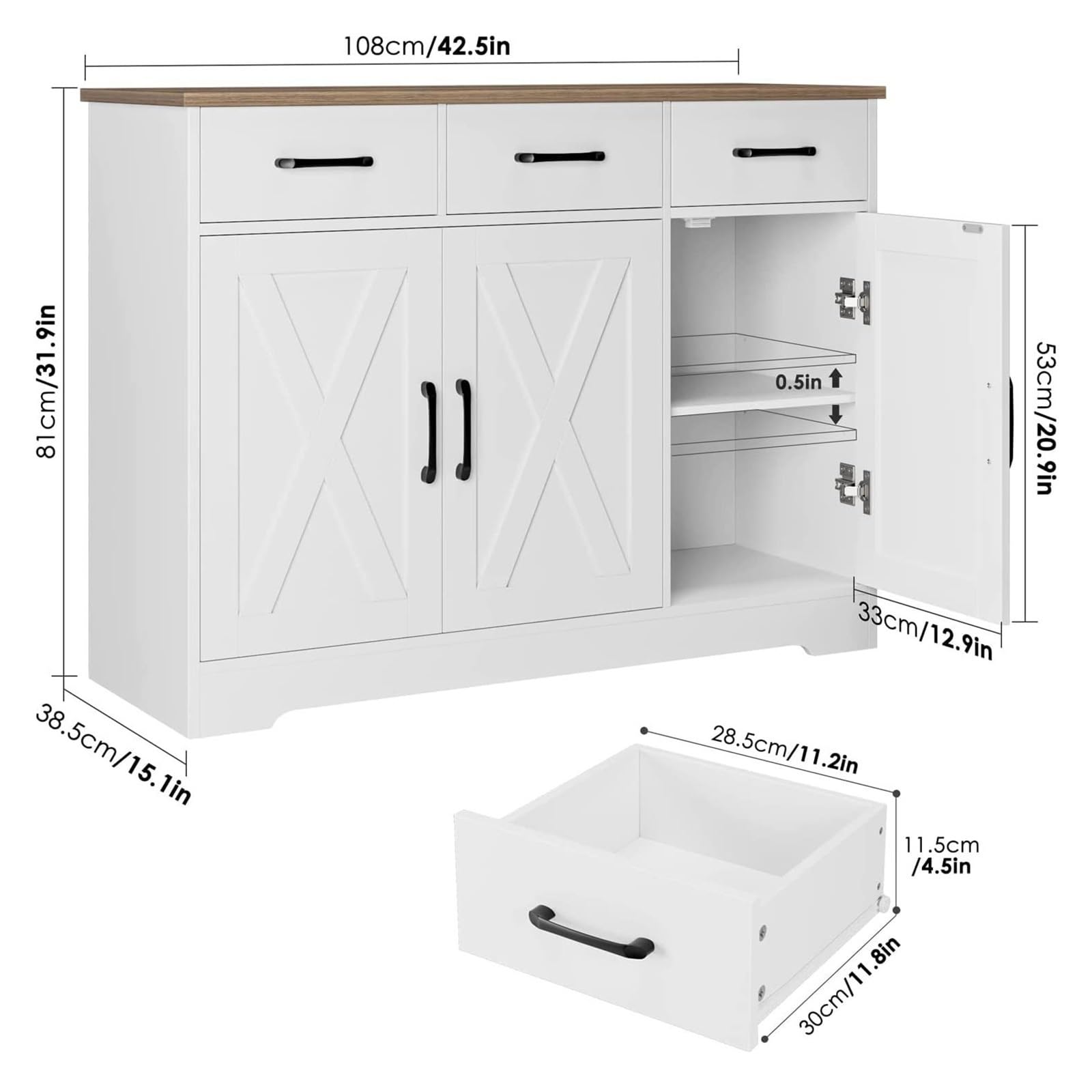 Gabinete de Cocina Gabinete Buffet con Panel Lateral de Granja, Puerta Granero