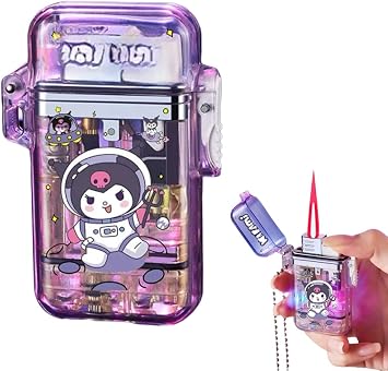 NIVEK Cool Transparent Cute Lighter, Pink Red Flame Lighter, Refillable Kitty KT Cat Melody Kulomi Rabbit Japanese Kawaii with Chain Astronaut