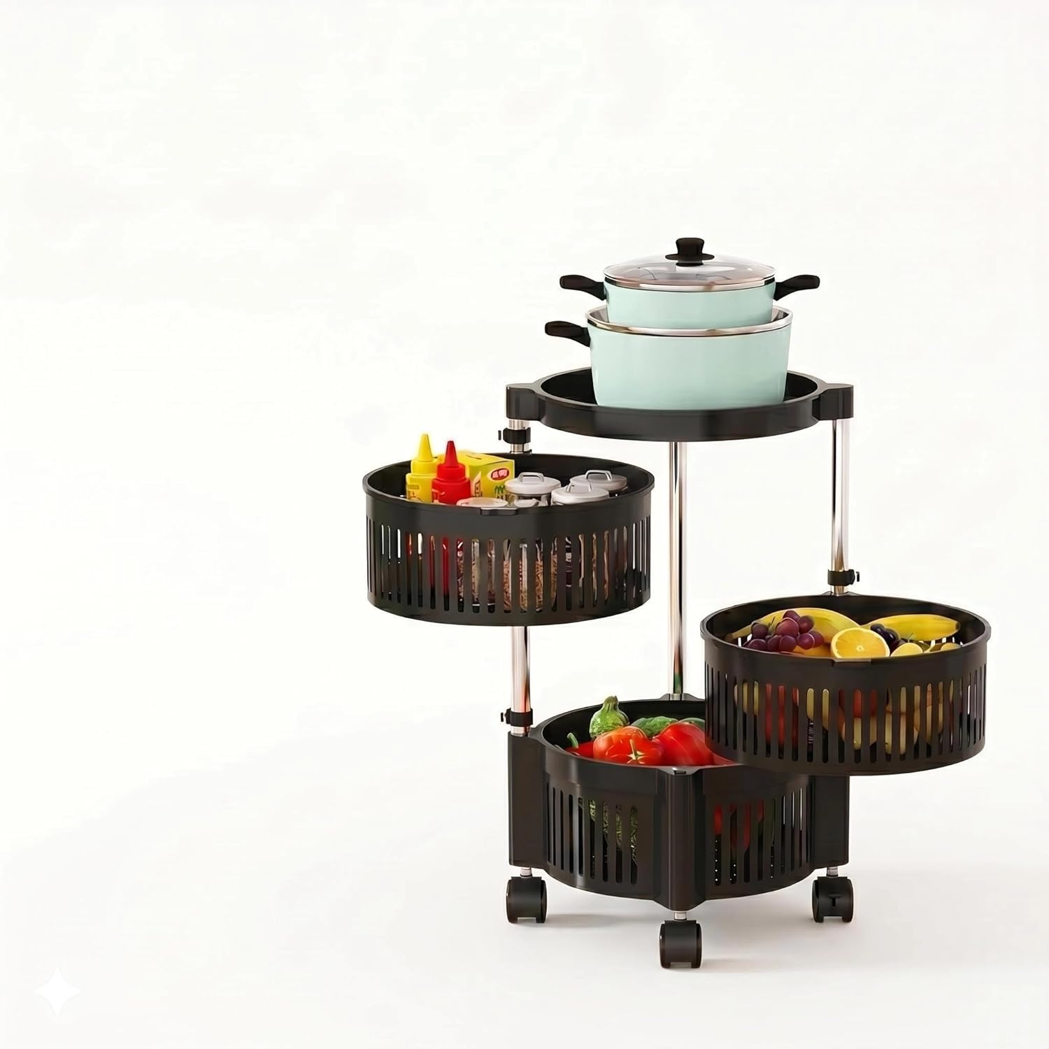 3-Tier Rotating Storage Rack, No Tools Required Plastic Rolling Kitchen Organizer Cart, Detachable Round Fruit and Vegetable Basket with Wheels for Pantry, Bathroom - Black (24" x 12.2")