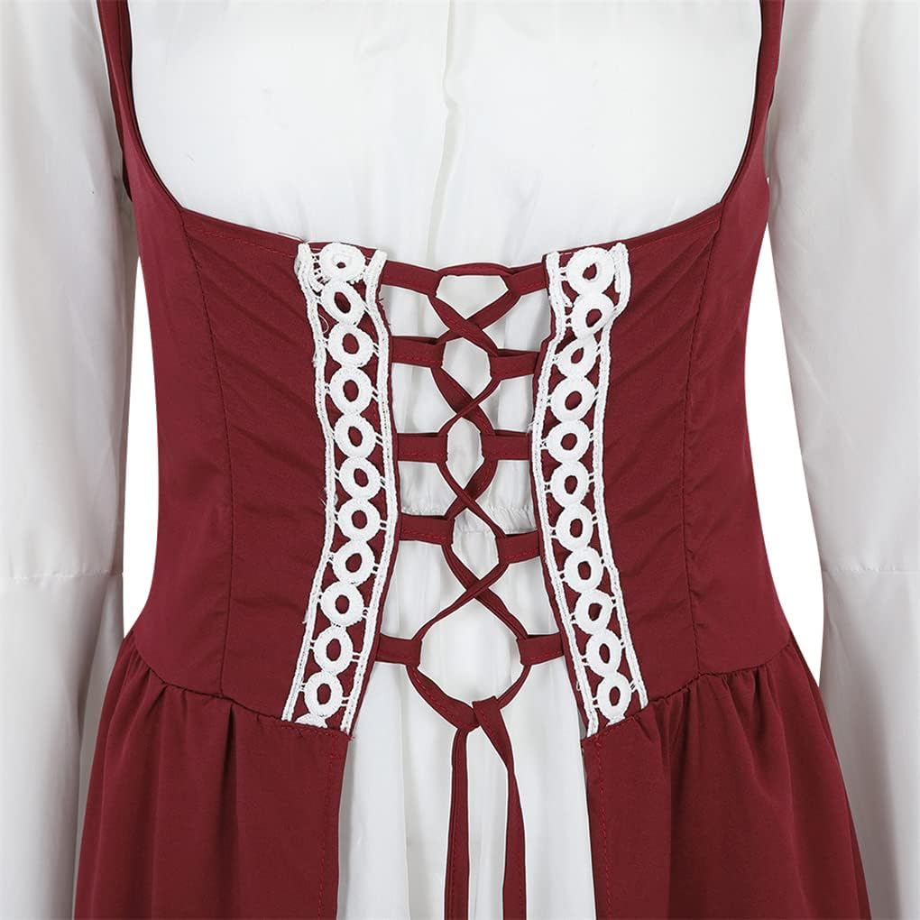 Lehauya Womens Renaissance Costume Medieval Irish Over Dress and Trumpet Sleeves Chemise Boho Set