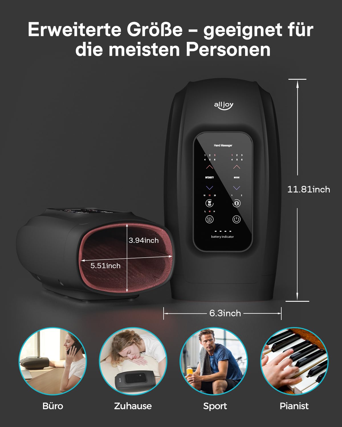 ALLJOY Handmassagegerät Touchscreen Shiatsu Wärme Kompression Arthritis