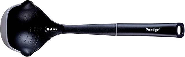 Prestige 2-in-1 Cooking Ladle - Silicone Ladle Spoons with Non Scratch Silicone Edges, Herb Striper & Dual Pouring Edges, Heat Resistant Kitchen Utensils for Non Stick Cookware, 39cm, Black & Grey