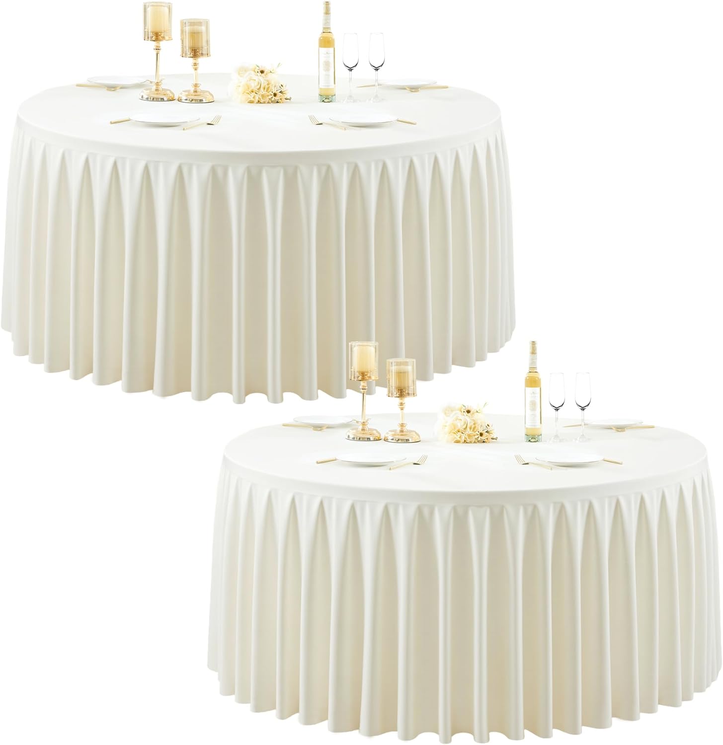 2 Pack Ivory Round Tablecloth 60 inch Stretch Spandex Fitted Table Cloth 5FT Round Banquet Tablecloths Wrinkle Free Table Cover Stitch Circle Tablecloth with Ruffle Skirt for Party Wedding Birthday Ivory 60inch(2pack)
