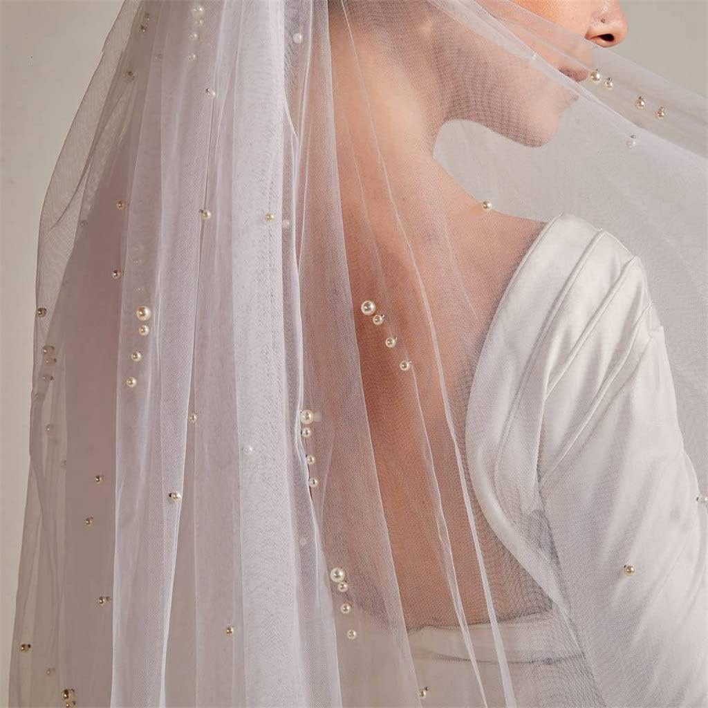 2T Short Pearl Wedding Veil Crystals Beaded Bling Real Picture Bridal Veils(OneColor)