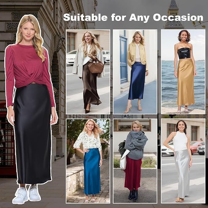 Women's Solid Satin High Waist Midi Long Skirt Hidden Elastic Waistband Skirt for Women-Made in USA - Image 7