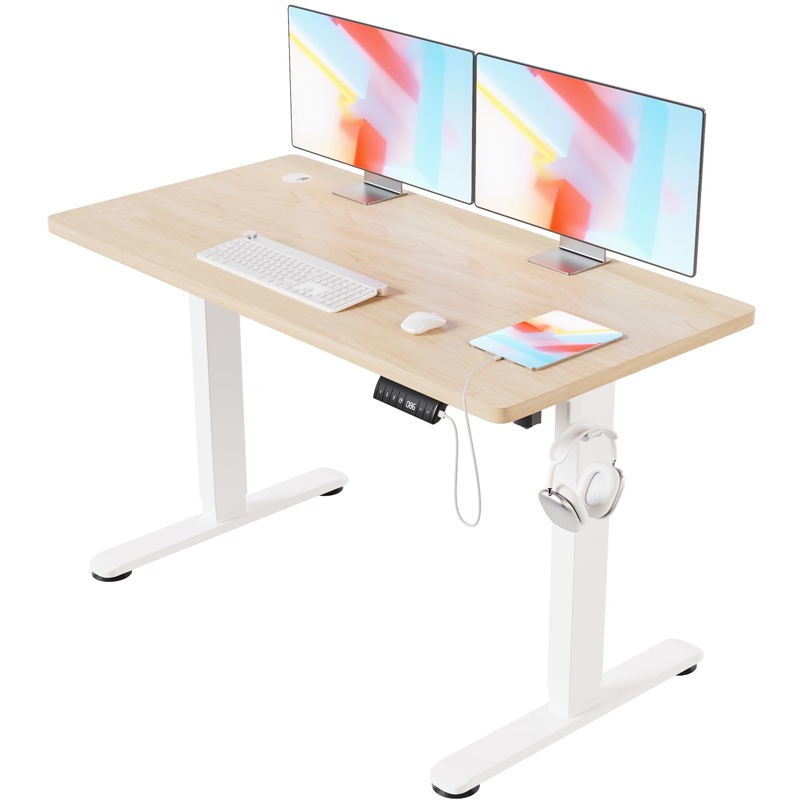 Devoko Escritorio Elevable Eléctrico 140 * 70cm Mesa para Computadora Ajustable en Altura con Bandeja de Gestión de Cables y Memoria de 3 Funciones,con Tecnología Anticolisión Roble