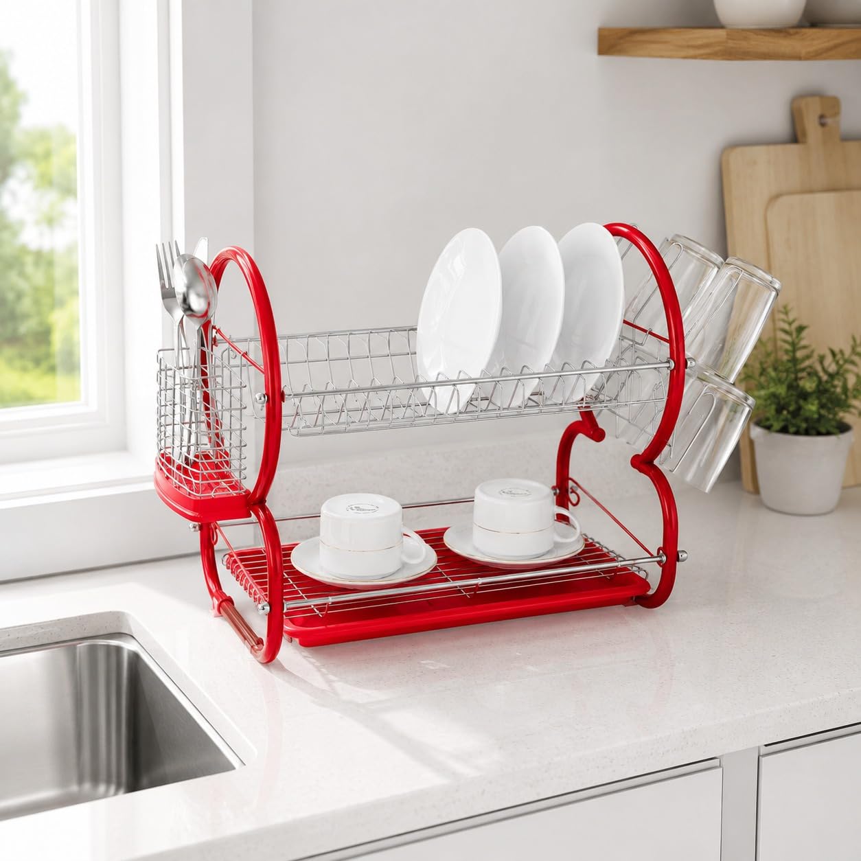 Max Housewares MX-9077 2-Tier Dish & Cutlery Drying Rack with Drip Tray – Red