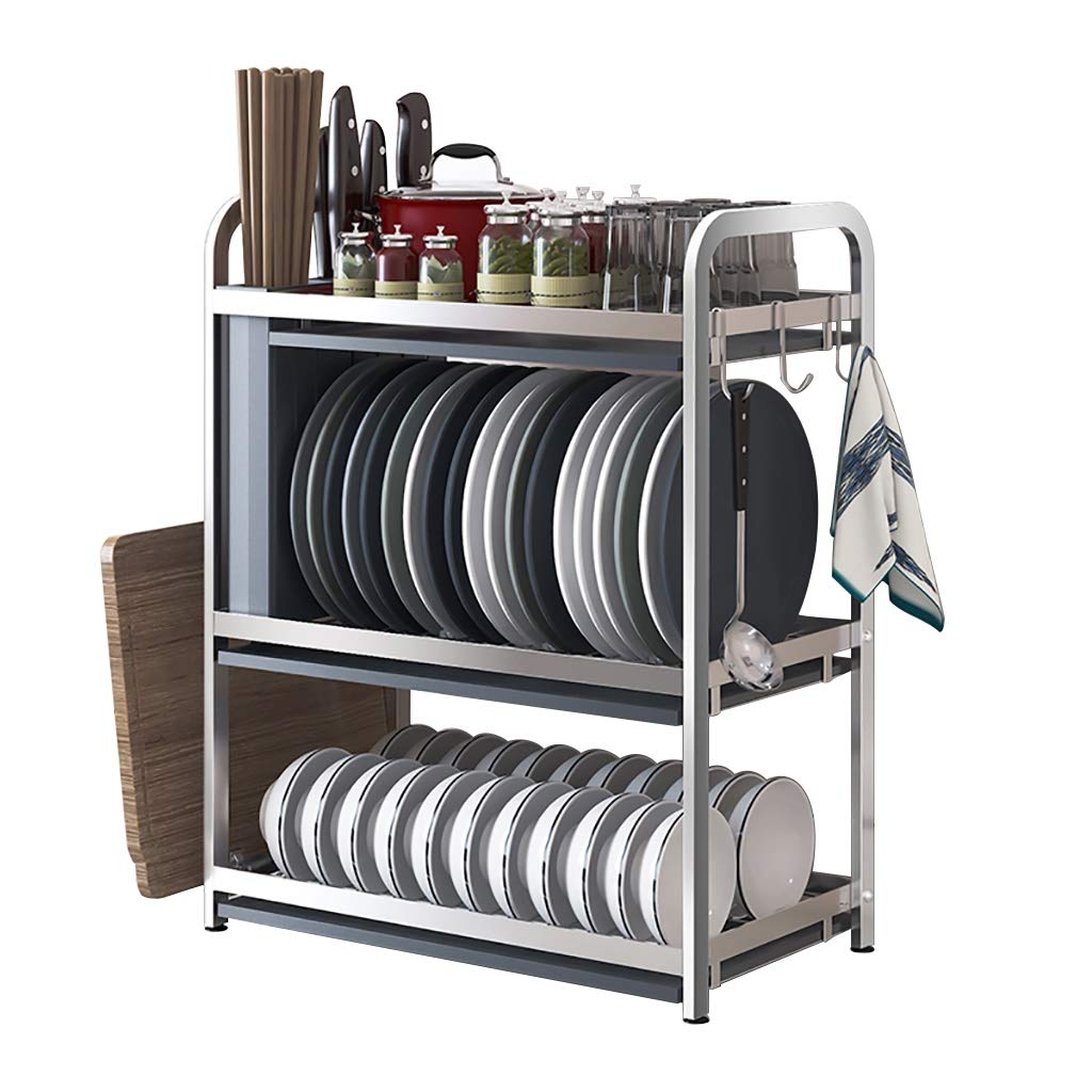 Escurridor de platos de acero inoxidable con soportes para tapa de ollas y cuchillos, organizador multifuncional para encimera de cocina y estante para secadora a prueba de óxido