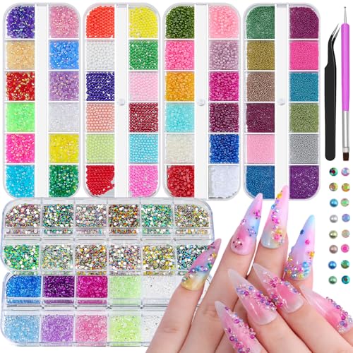 6 Boxes 1-2mm Mini Nail Art Rhinestones for Bedazzling Kit Small Jelly Laser AB Rhinestones Decoration Flatback Pearls Nail Accessories Resin Caviar Beads for Nails DIY Tumblers Face Makeup