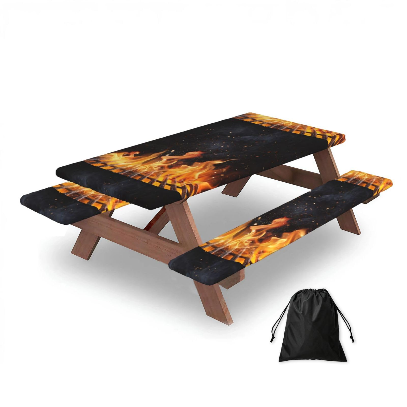 Dopklna As Picture Flaming Charcoal Grill Pattern, Picnic Table Cover With Bench Covers -Waterproof Elastic Fitted Tablecloth For Garden Camping Patio 76X152cm