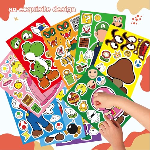 Image of 36 Sheets Mario Make a Face Stickers, Cartoon Book Crafts, DIY Party Supplies Favors Your Own Mixed and Matched with Different Designs Characters Birthday Gifts Class Reward Decor, Recommended Age 13