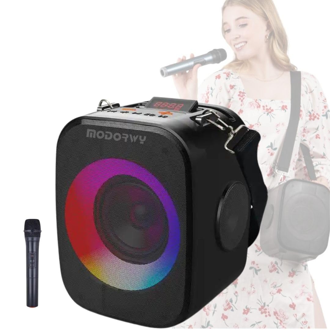 Modorwy MF1108 15W TWS Karoake Portable BT Speaker with Wired Mic, 5H Backup, RGB LED, FM, AUX, USB, Micro SD, Rechargeable Battery
