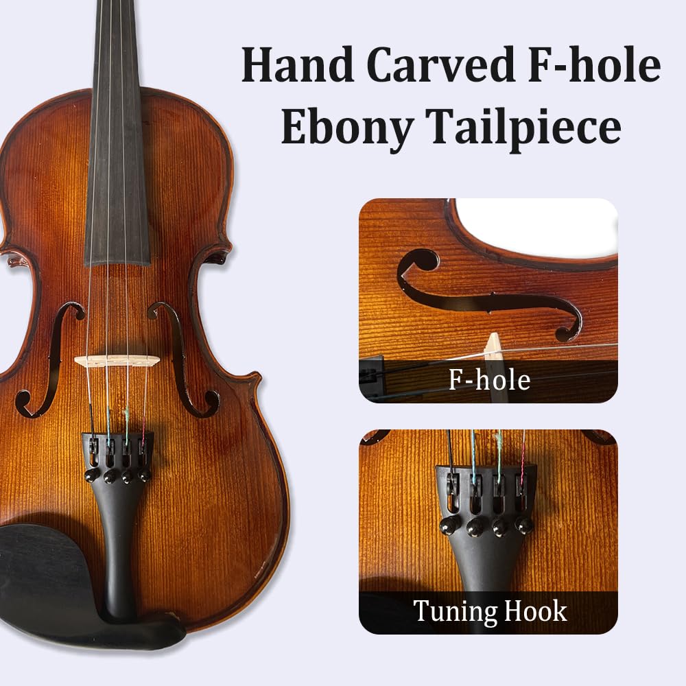 Violino Acustico 1/2 Kit Violino a 4 Corde con Custodia, Archetto per Adulti e Bambini Legno massello Ebano Accessori Acero Abete Bel Suono (Misura 1/2) (Misura 1/4)