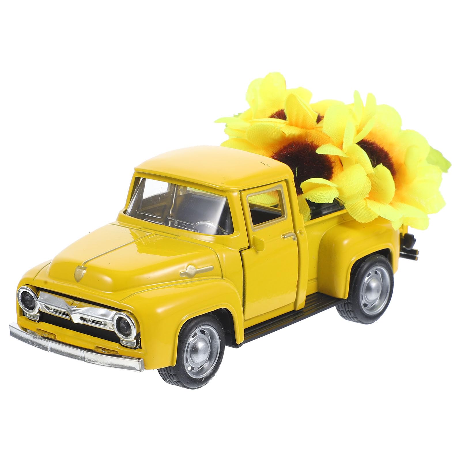 Camión de metal amarillo vintage con flores regalo ideal para decoración de estantes