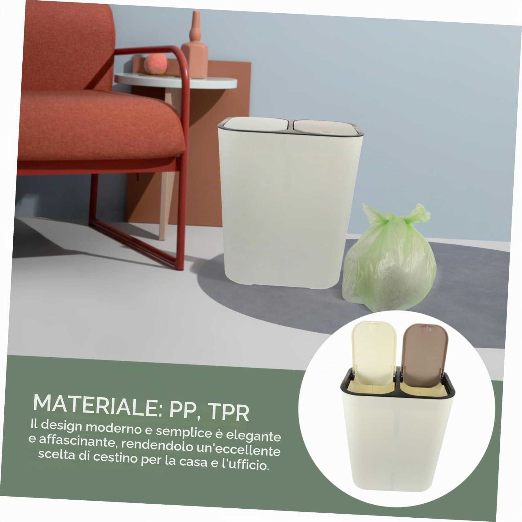 Cabilock Pattumiera Doppia Separazione Umido e Secco Coperchio per Raccolta Differenziata Capacità in Pp per Cucina e Altri Ambienti Domestici