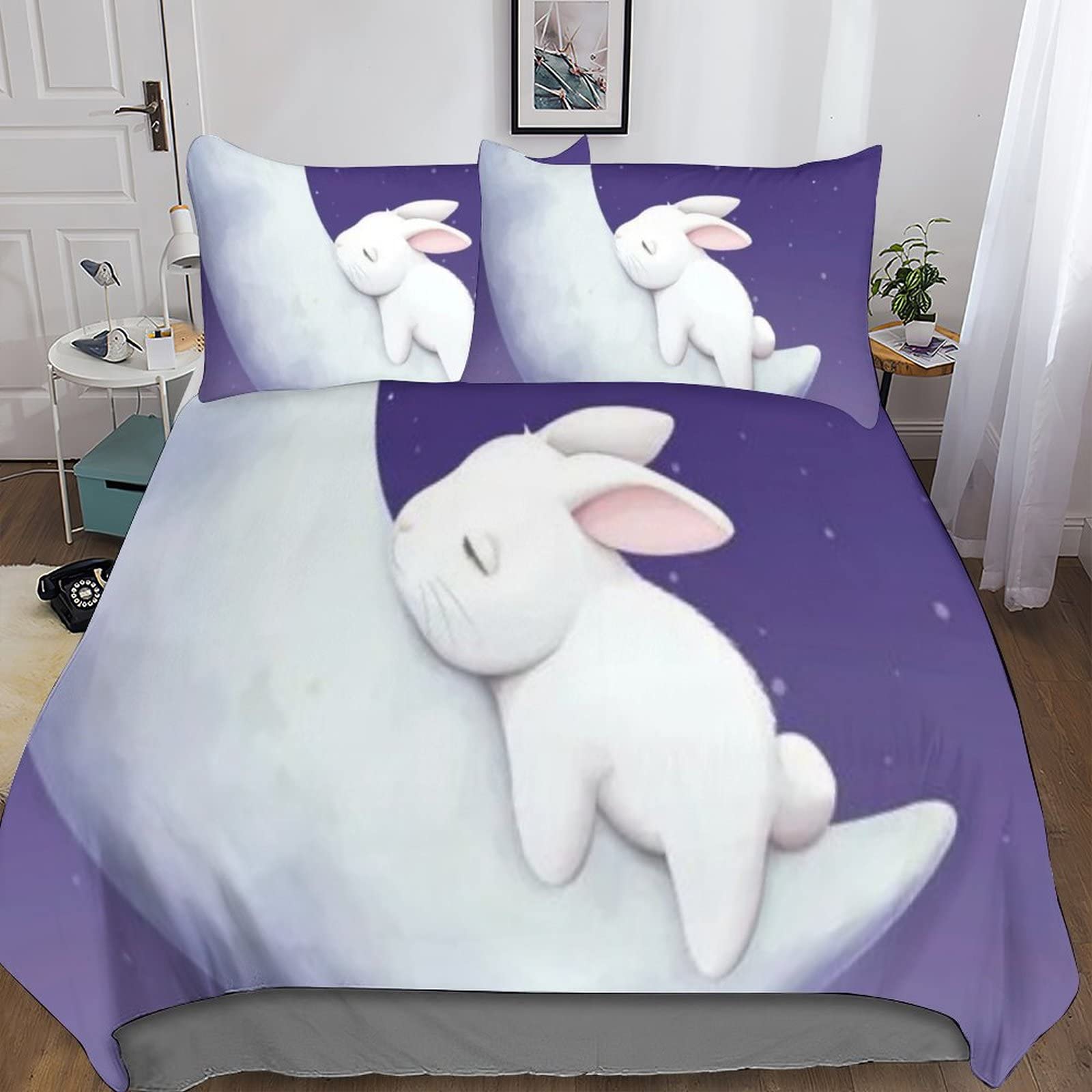 Housse de couette en polycoton imprimé lapin 3D fermeture éclair parure de lit double places