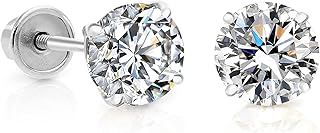 14k White Gold Solitaire Round Cubic Zirconia Stud Earrings in Secure Screw-backs
