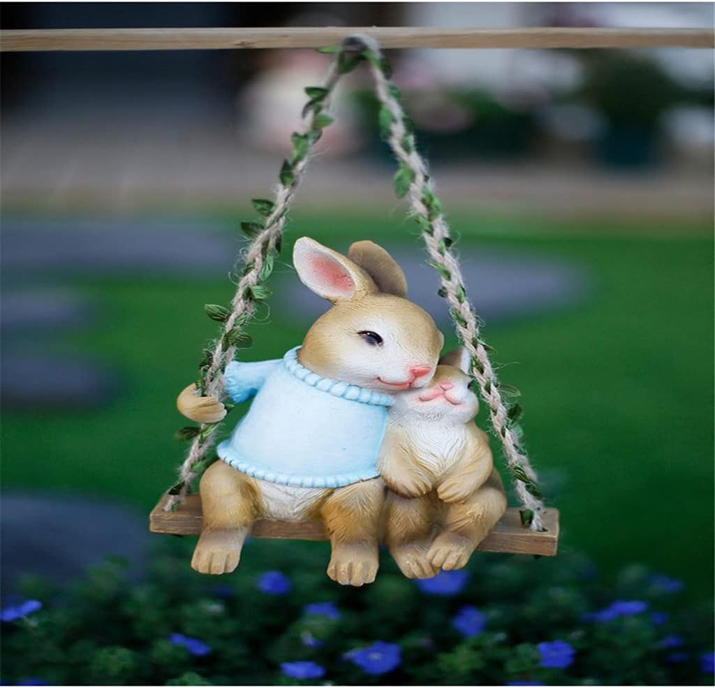 BTZHY Ornaments Swing Simulation Hanging Rabbit Sculpture Resin Swing Garden Animals Hemp Rope Pendant Ornaments Courtyard Balcony Sill Decor (Colour Name : B)
