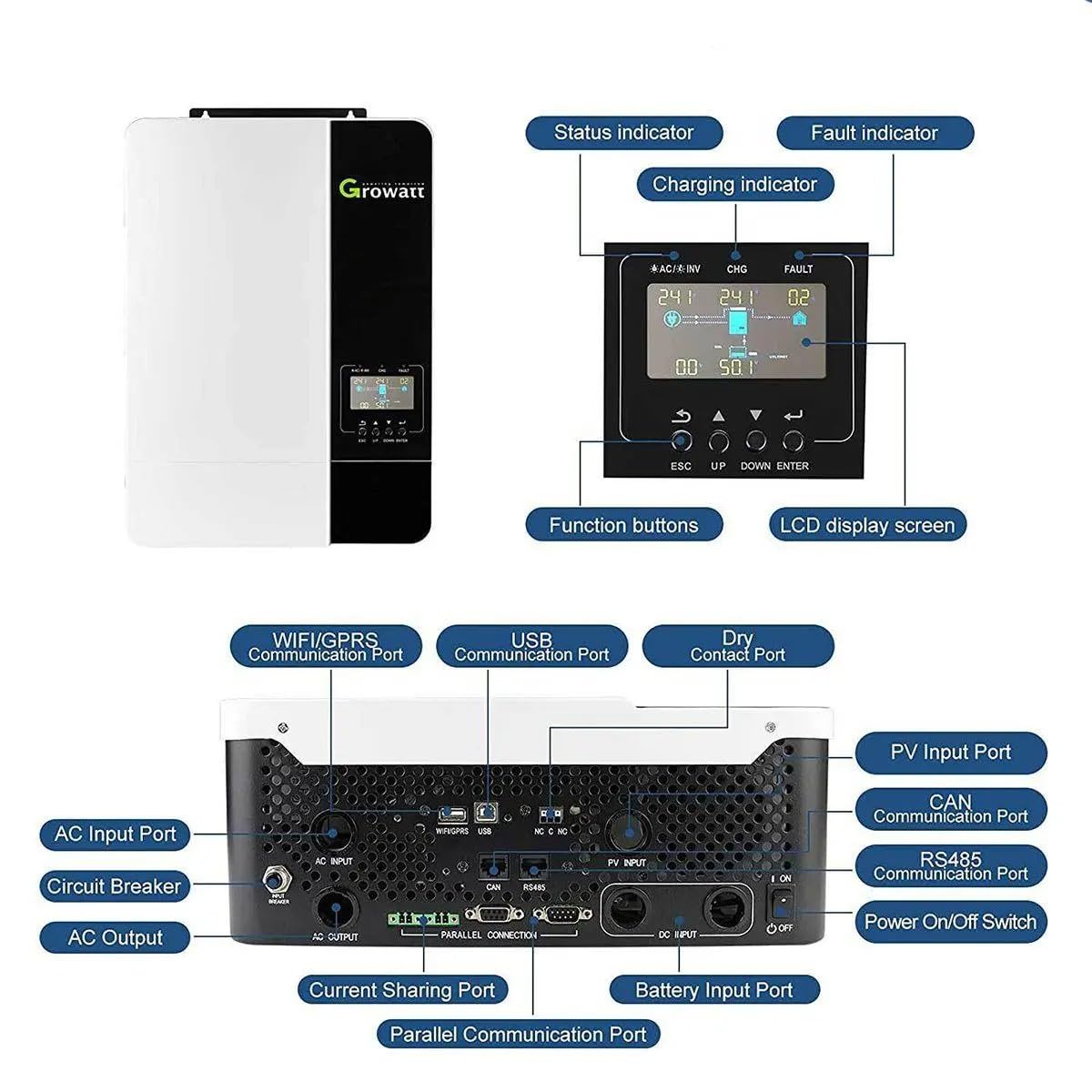 Voltacon Growatt 5kW Off-Grid SPF5000-ES 48V Inverter MPPT Caricabatterie - Monofase 230Vca Monitoraggio Wi-Fi
