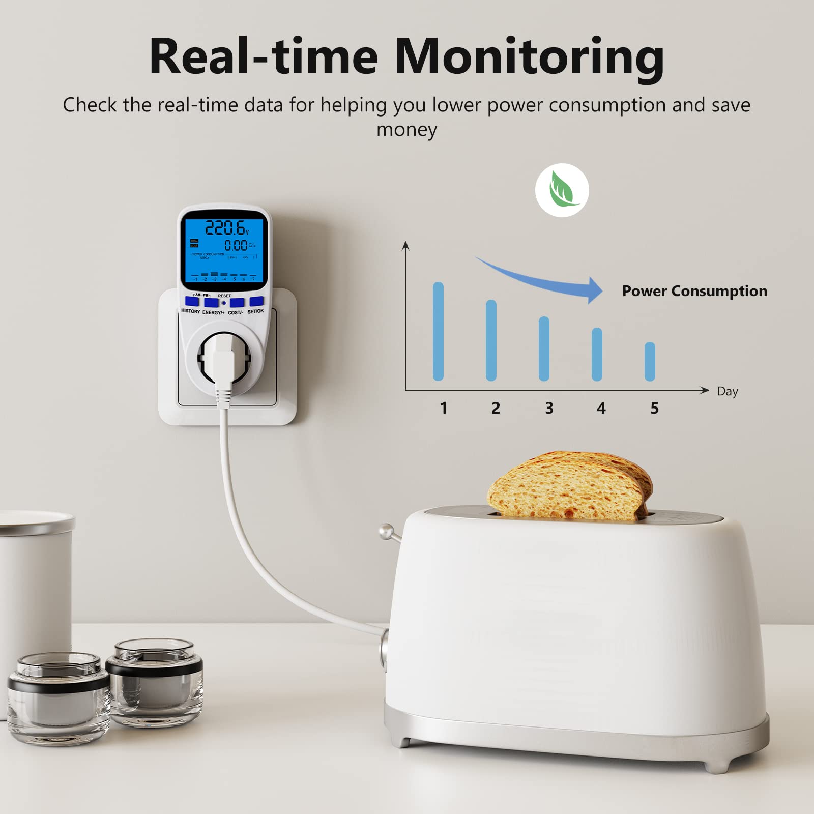 Maxcio Misuratore di Potenza con Doppia Tarrifa, Misuratore Consumo Elettrico Digitale con Protezione da Sovraccarico e Interruzione di Corrente, Display LCD Retroilluminato 180° Leggibile. Max 3680W
