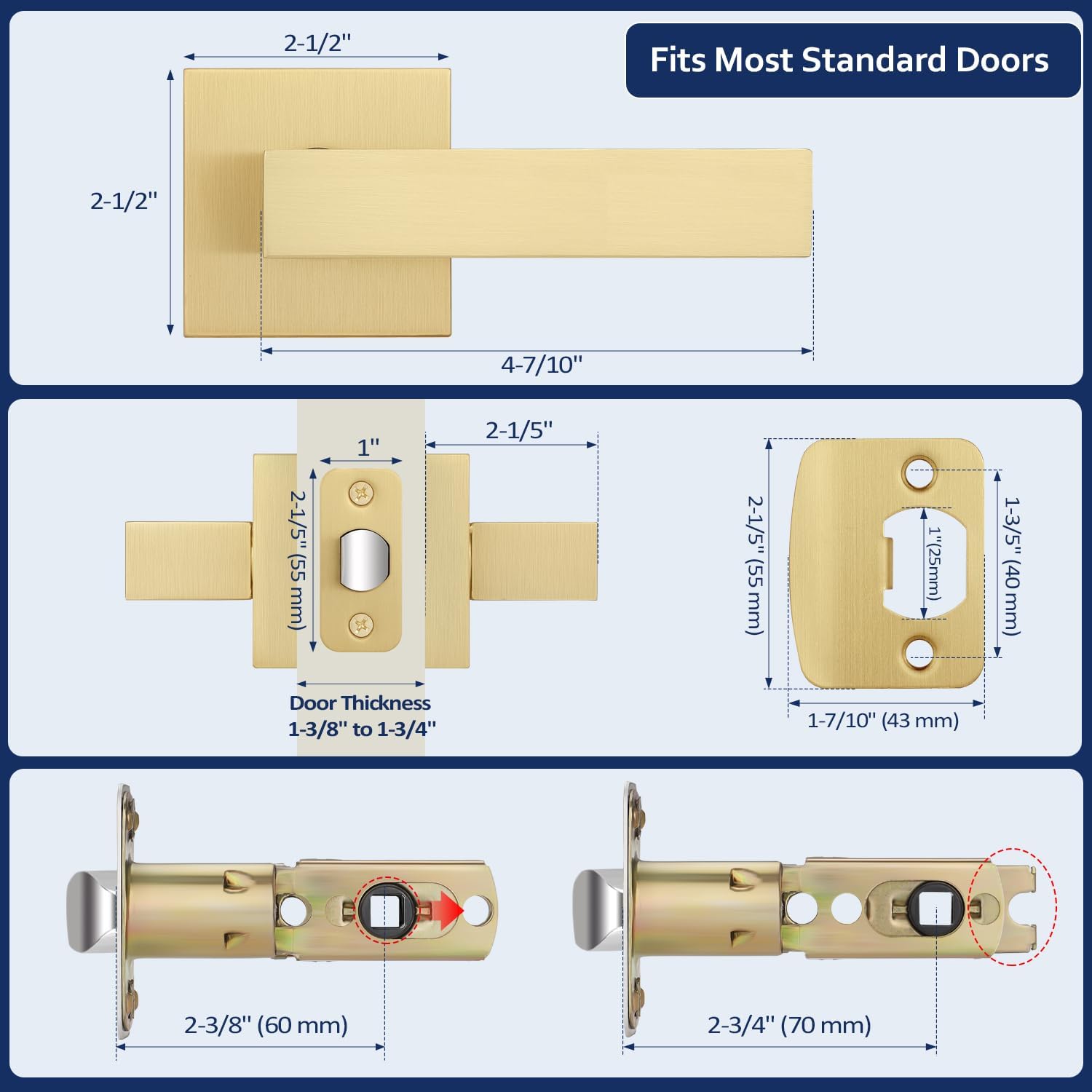 1 Pack Gold Door Handles Interior, Closet Door Knobs No Lock, Keyless Passage Door Knob, Square Hallway Door Lever, Reversible for Left & Right Hand Doors, Satin Brass Finish