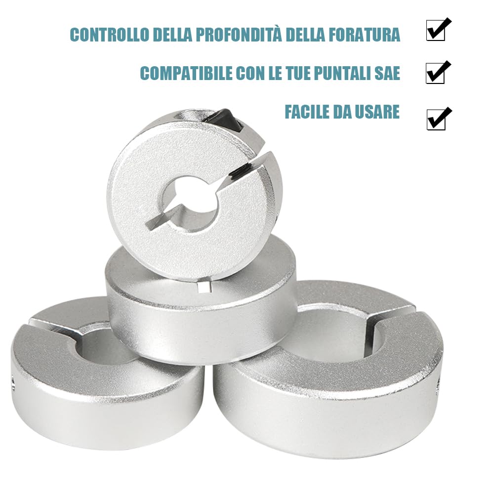 Set di 8 Punte Profondità Anello Posizionatore,Stop di Profondità Trapano,Con Chiave Esagonale, Collare di Arresto Profondità per la Lavorazione del Legno