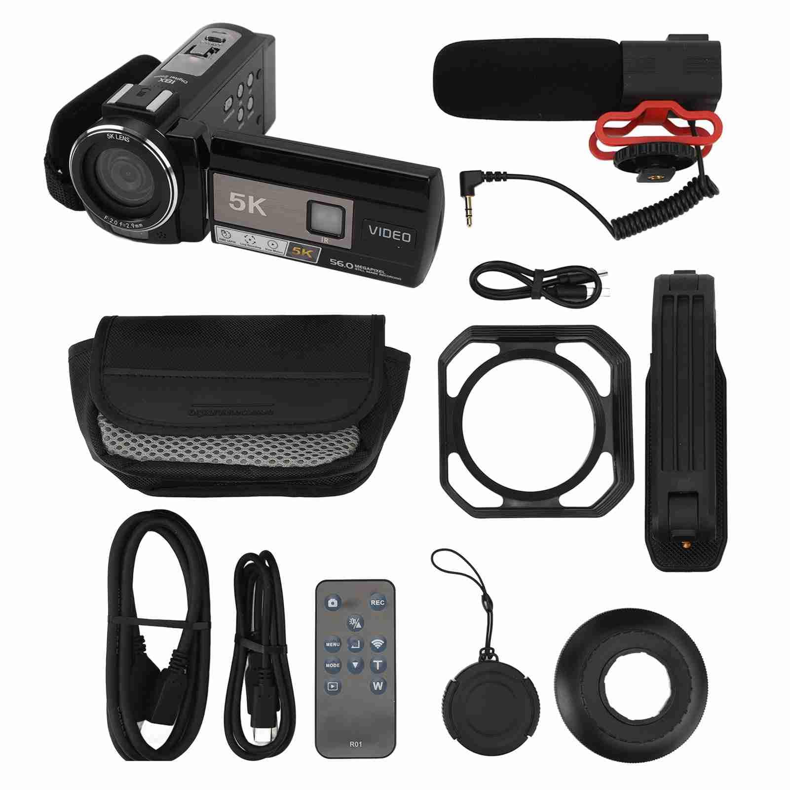 Annadue Videocámara con Cámara de Vídeo HD 5K, Cámara de Vlogging de Visión Nocturna con Zoom de 56MP 18X con Parasol de Micrófono, Soporte de Mano, para Filmar Micropelículas, Bodas