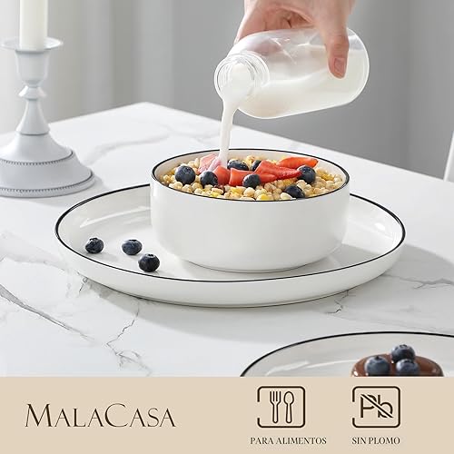 Miniatura 3 de MALACASA LUNA - Juego de platos y cuencos, 12 piezas de porcelana moderna para 4 platos de cocina blanca con borde negro, platos de cerámica aptos