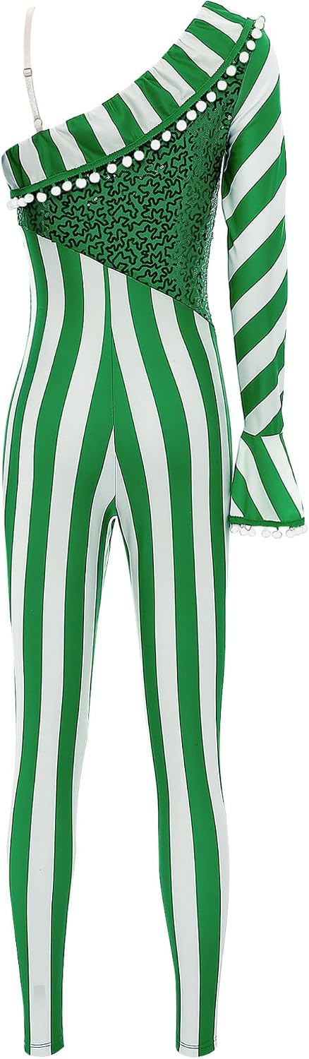 Kaerm Womens Christmas Candy Cane Striped Dance Jumpsuit Xmas Costume One Piece Bodysuit Unitard