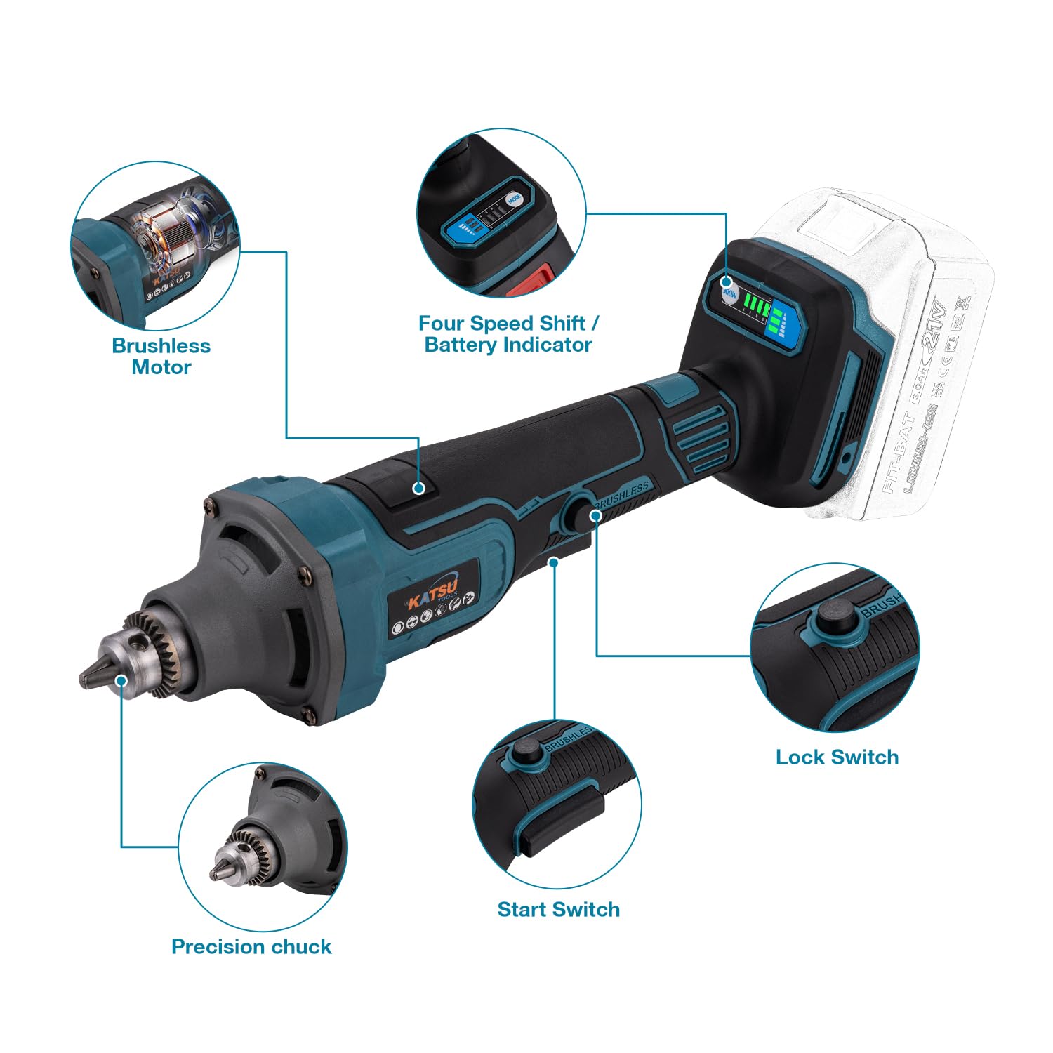 KATSU FIT-BAT 21V Brushless Smerigliatrice Assiale Smerigliatrice Dritta a Batteria con 6mm Mandrino, 4 Velocità Variabili e Interruttore di Sicurezza, senza Batteria 102324