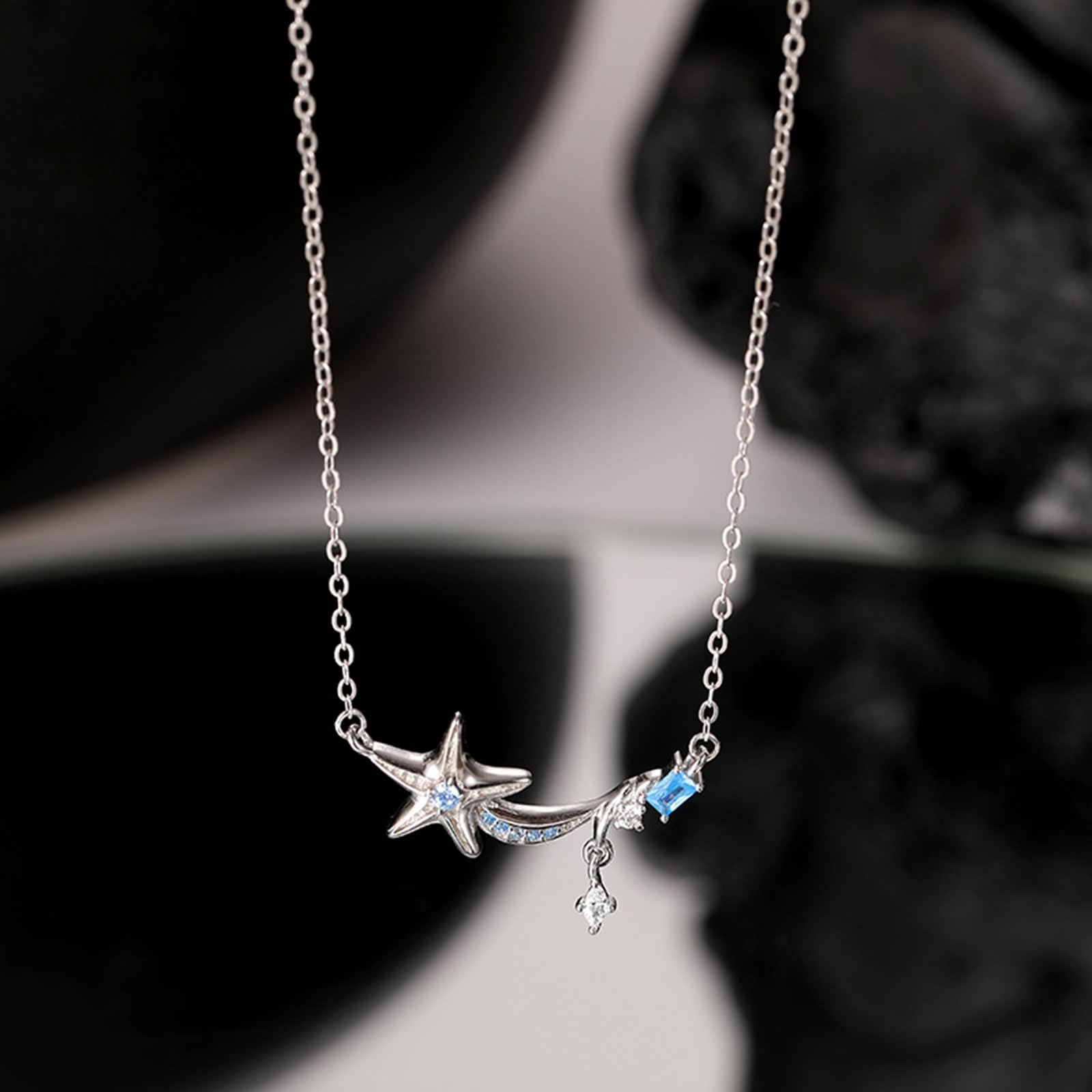 Collar para mujer con colgante de oro blanco Au 375/585/750, estrella de mar con topacio de corte rectangular azul, 9 K/14 K/18 K, oro blanco, 40 + 5
