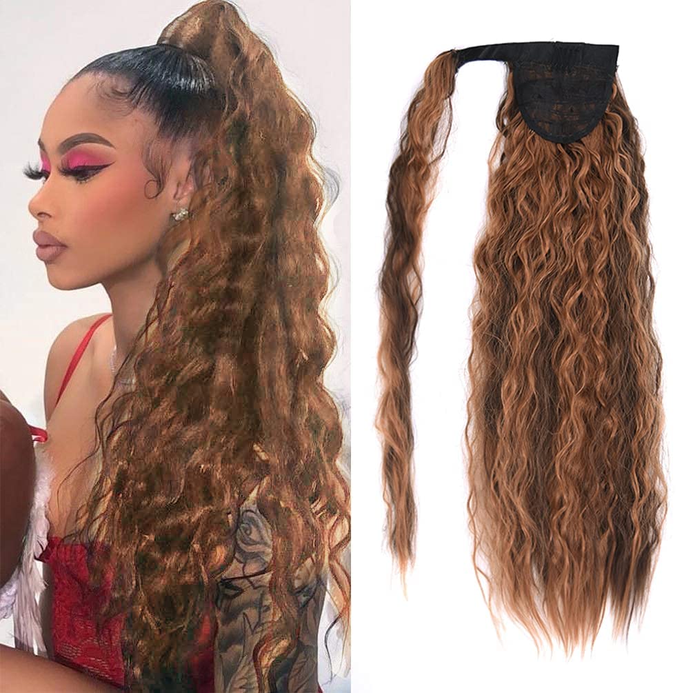 Corn Wave Ponytail Extension Clip in - 22 Inch Long Wavy Curly Wrap Around Pony Tail Heat Resistant Synthetic Hairpiece for Women (Brown mixed Light