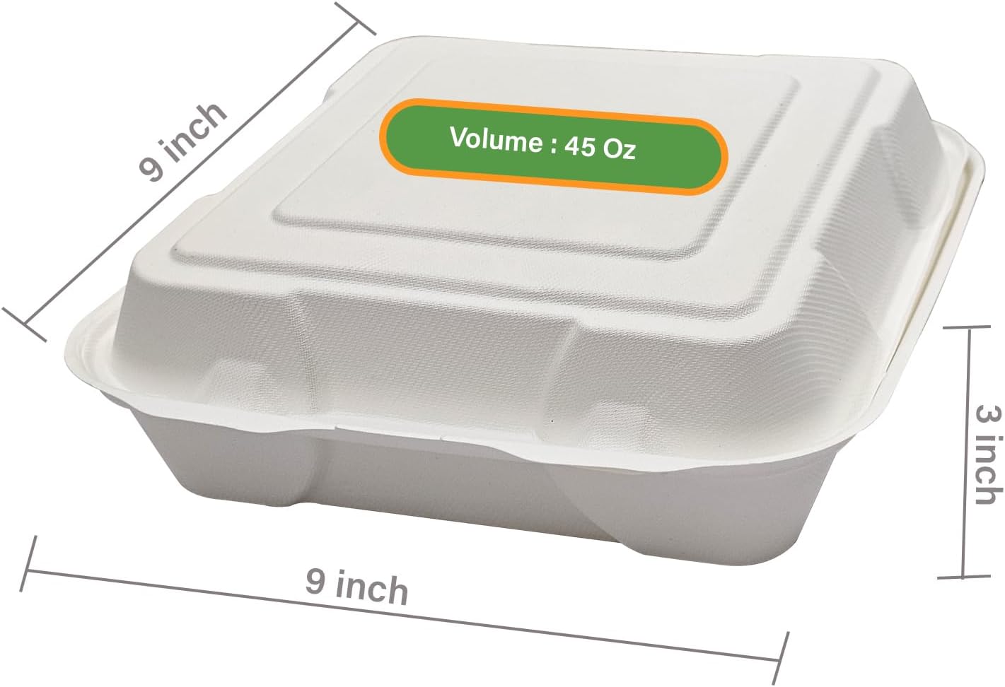 100 Pack Clamshell Take Out Food Containers, 100% Compostable, Biodegradable Disposable To Go Containers, 9X9 inch 3-Compartment Heavy-Duty To Go Boxes