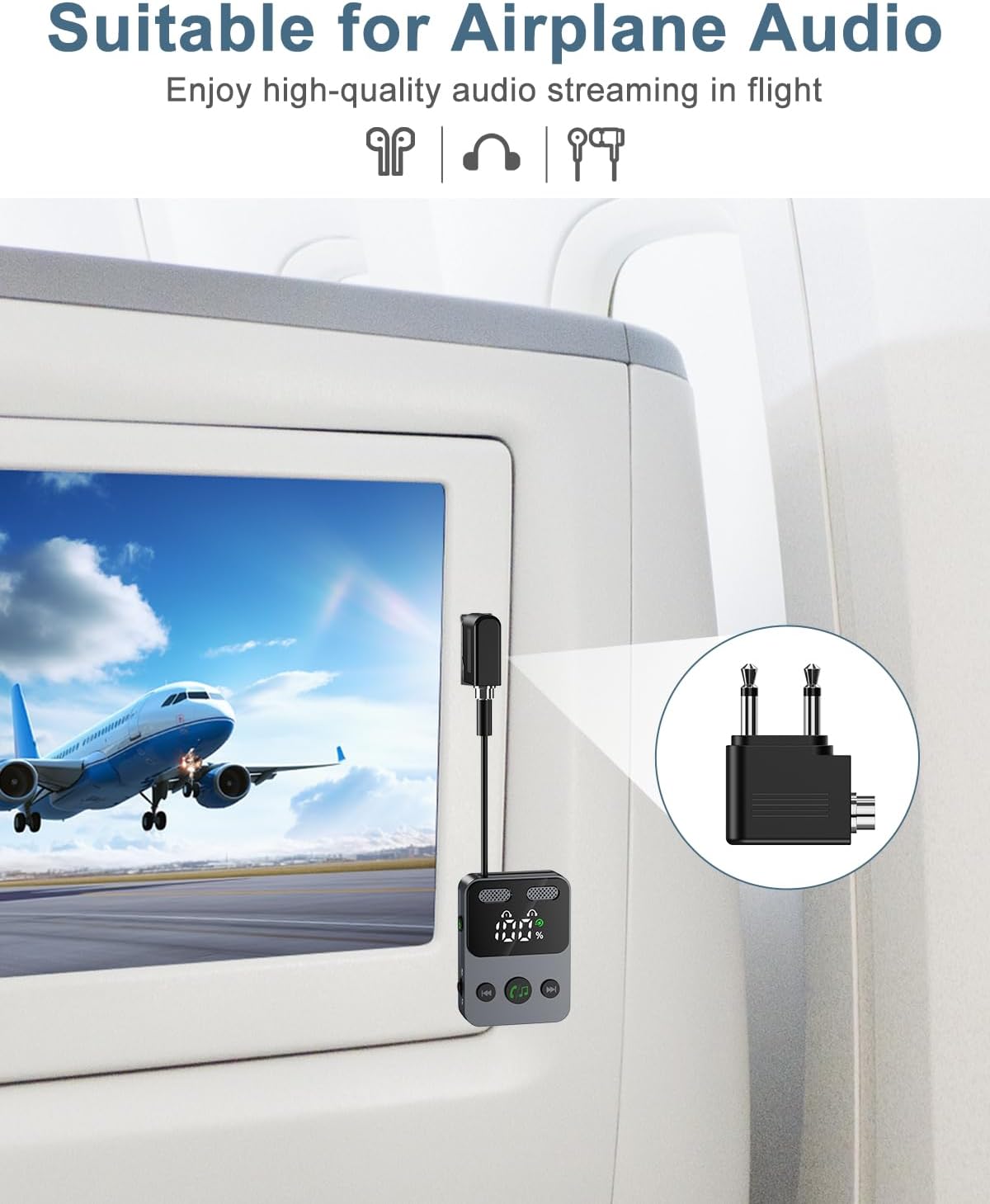 Ankilo Bluetooth adapter connected to an airplane's audio jack with a dual-plug adapter, transmitting audio to wireless headphones