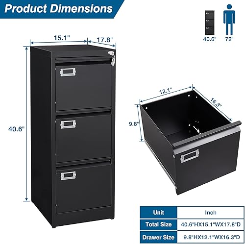 Miniatura 3 de PEUKC Archivador de 3 cajones, archivador vertical de 16.3 pulgadas de profundidad con cerradura, archivador de metal para oficina en casa, 3
