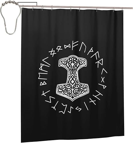 Miniatura 10 de Mjolnir and Rune Wheel Norse Mythology Symbol Bathroom Fabric Shower Curtain with 12 Buckles and Hooks, 60x72 Inches Black