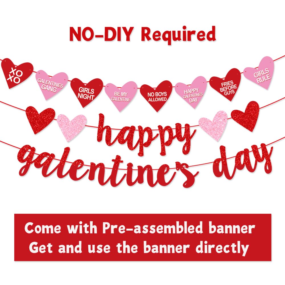 Deneo Happy Galentine's Day Banner, Red Glittery Galentine’s Day Decorations with Heart Garland Hanging Swirls, Ladies Girls Happy Valentine’s Day Party Decorations Photo Prop
