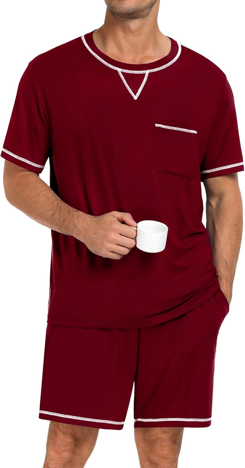 SWOMOG Men Modal Pajamas Set Comfy Sleepwear Short Sleeve Pjs Set Soft 2 Piece Lounge Set Cozy Nightwear with Pockets - Image 2