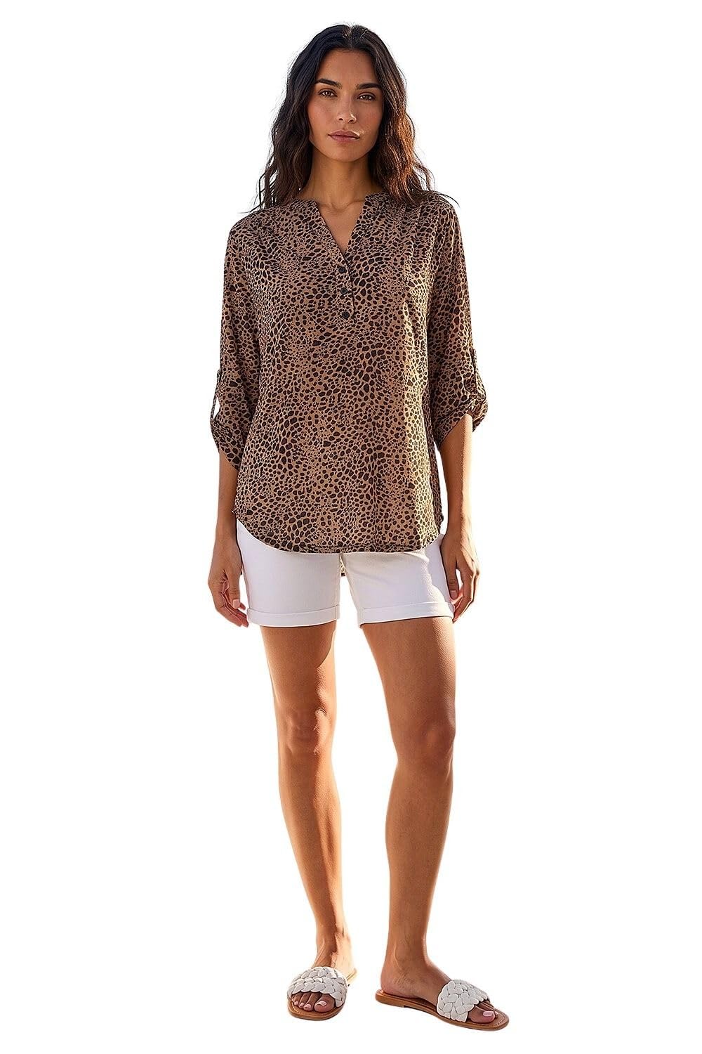 Roman Originals Women's Beige Roman Shirt For Uk Top Collarless Blouse Stretchy Tunic Smart Casual Autumn Winter Jersey 3/4 Length Sleeve Notch V Neck Flattering Office Work - Size 20
