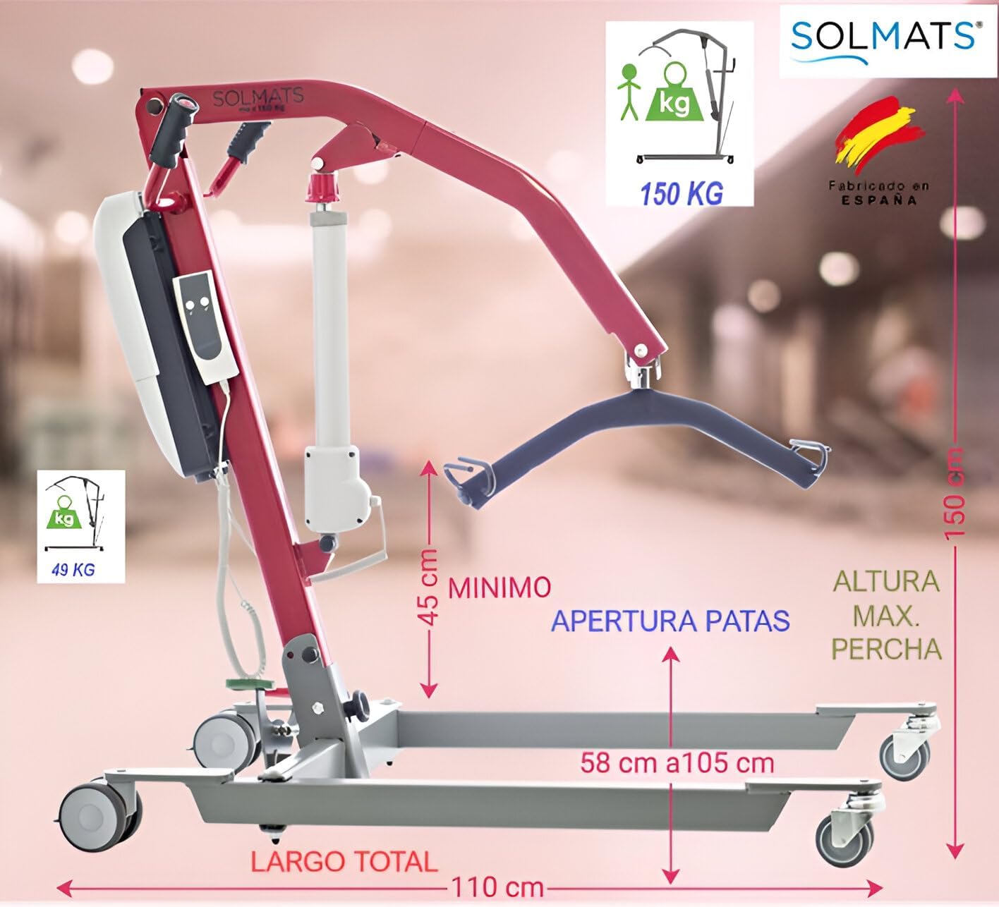 Grúa enfermos, Grúa para personas mayores, Grúa electrica, 150 KG, Solmats Grúa dúo, Grúa dos en uno, Personas Mayores, Dos arneses incluidos, Fabricado en España
