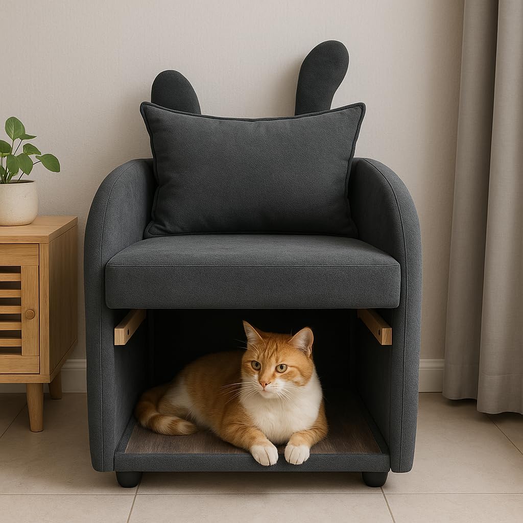 2-in-1 Armchair with Cat & Dog Pet Hideaway, Bunny-Ear Pet-Friendly Accent Chair with Scratch-Resistant Fabric, Dual-Use Sofa Chair with 3-Entry Hideaway Openings for Living Room Bedroom,Dark Gray
